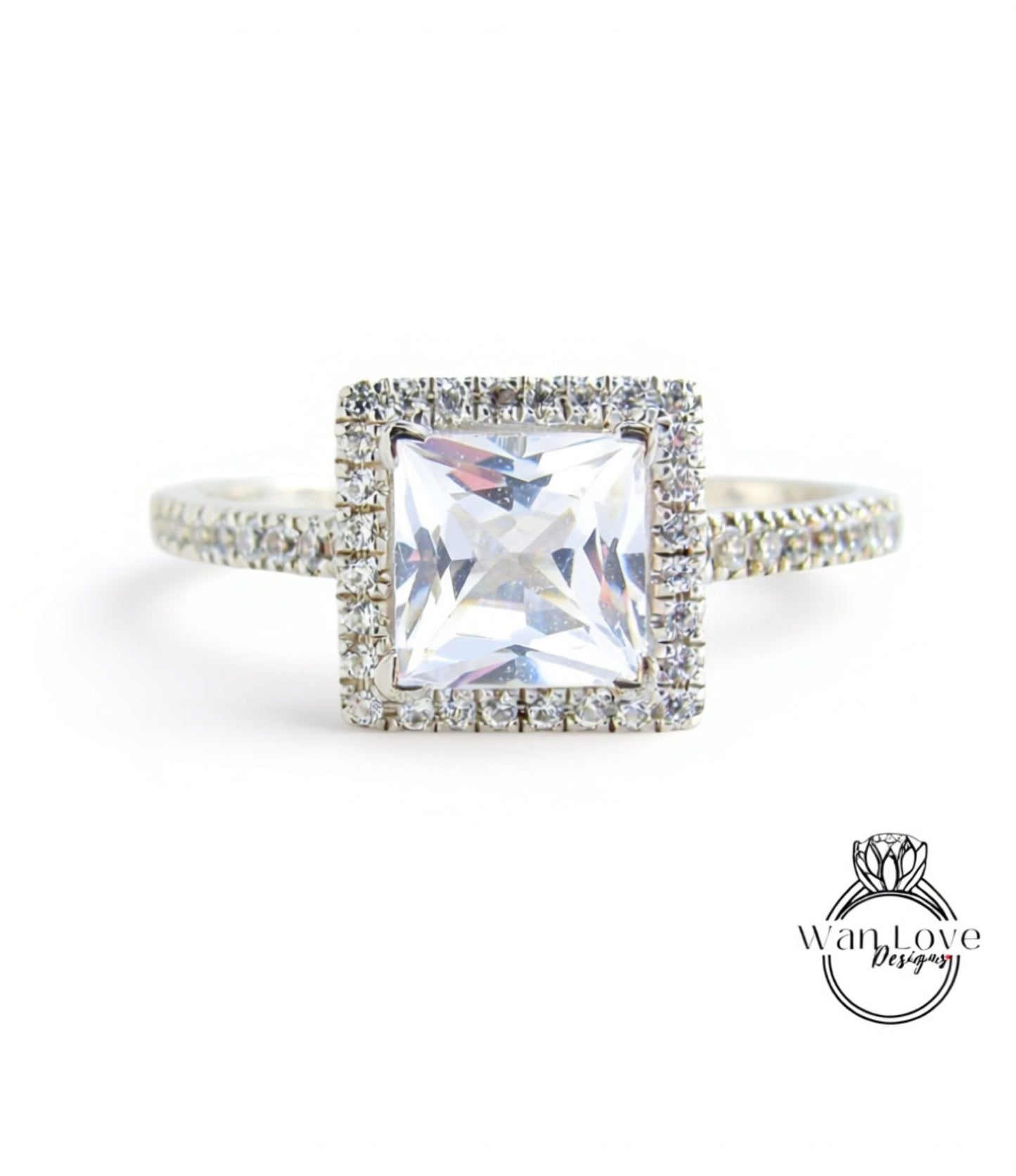 Squared Halo Princess Cut White Sapphire Ring Pave Accents, Geometric Gallery, Square Halo Ring, Bridal Promise Wedding Ring, Ready to ship