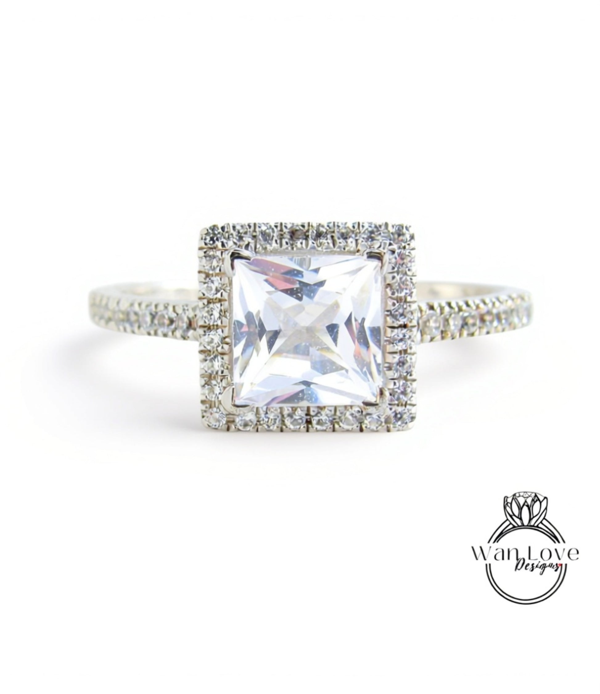Squared Halo Princess Cut White Sapphire Ring Pave Accents, Geometric Gallery, Square Halo Ring, Bridal Promise Wedding Ring, Ready to ship