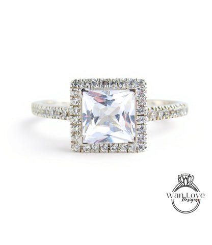 Squared Halo Princess Cut White Sapphire Ring Pave Accents, Geometric Gallery, Square Halo Ring, Bridal Promise Wedding Ring, Ready to ship