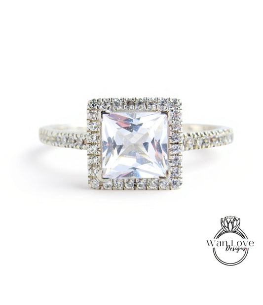 Squared Halo Princess Cut White Sapphire Ring Pave Accents, Geometric Gallery, Square Halo Ring, Bridal Promise Wedding Ring, Ready to ship