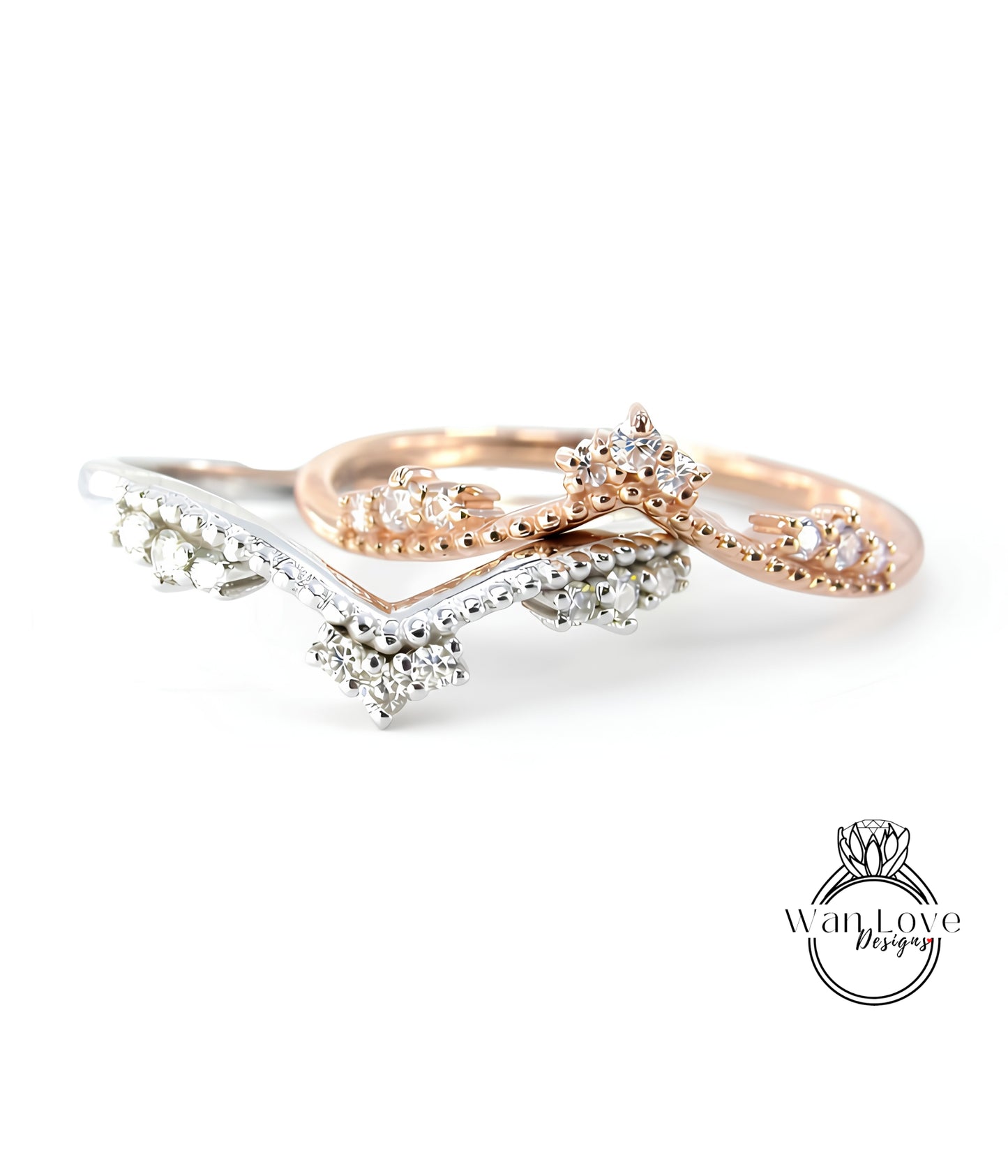 two rings with diamond accents, one in silver and one in gold, showcasing their intricate designs and sparkling gemstones.