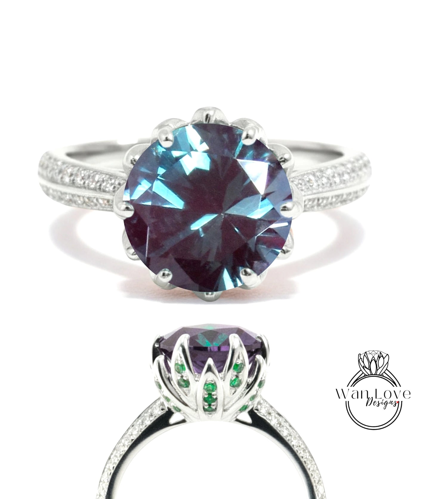 A stunning ring featuring a large, deep blue gemstone surrounded by a silver band and accented with green gemstones.