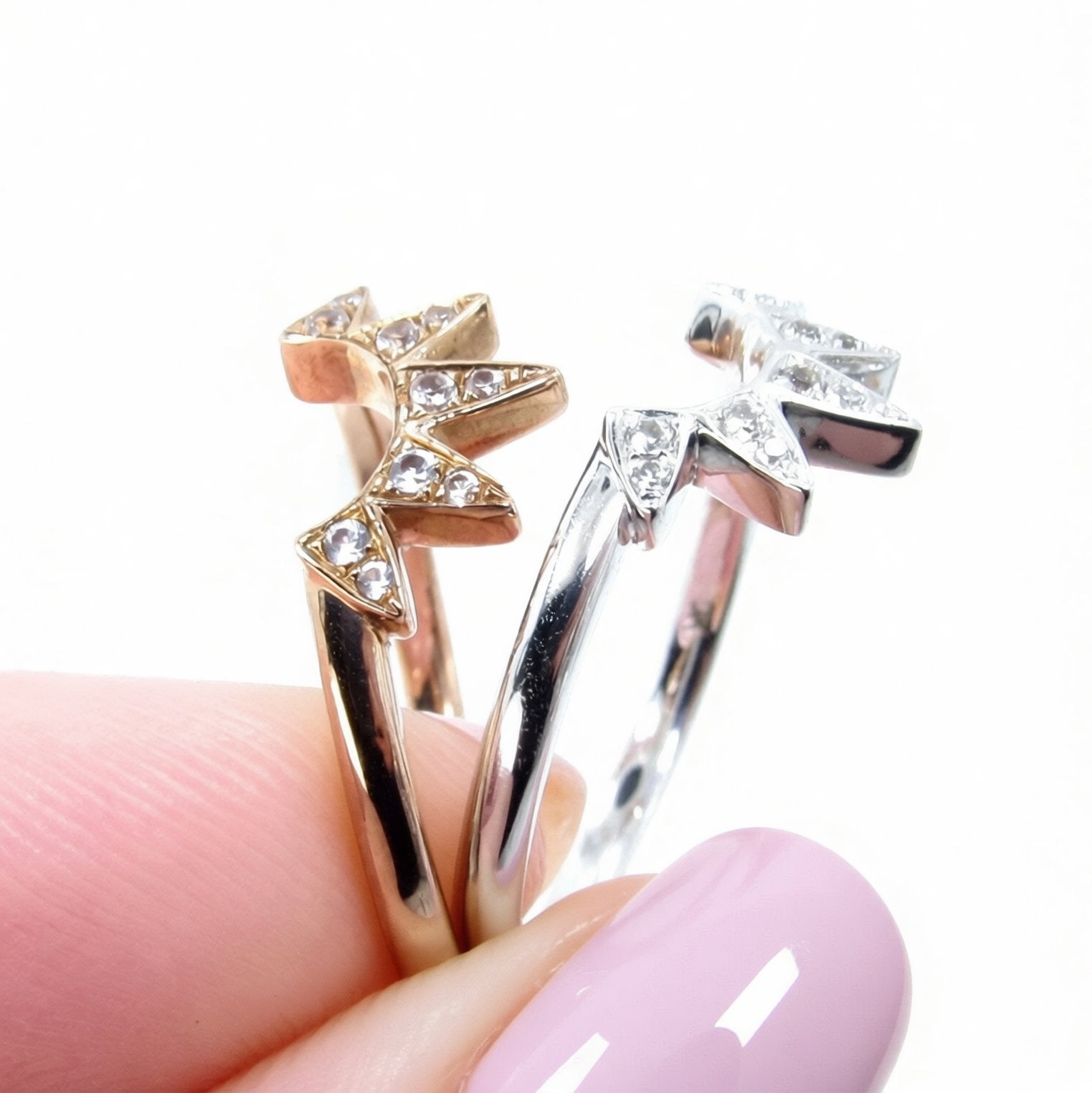 White Sapphire Starburst Wedding Band, Pointed Star Ring, Sunburst, Curved, Nesting, Rose Gold, White Gold, Custom, Engagement-Ready to Ship