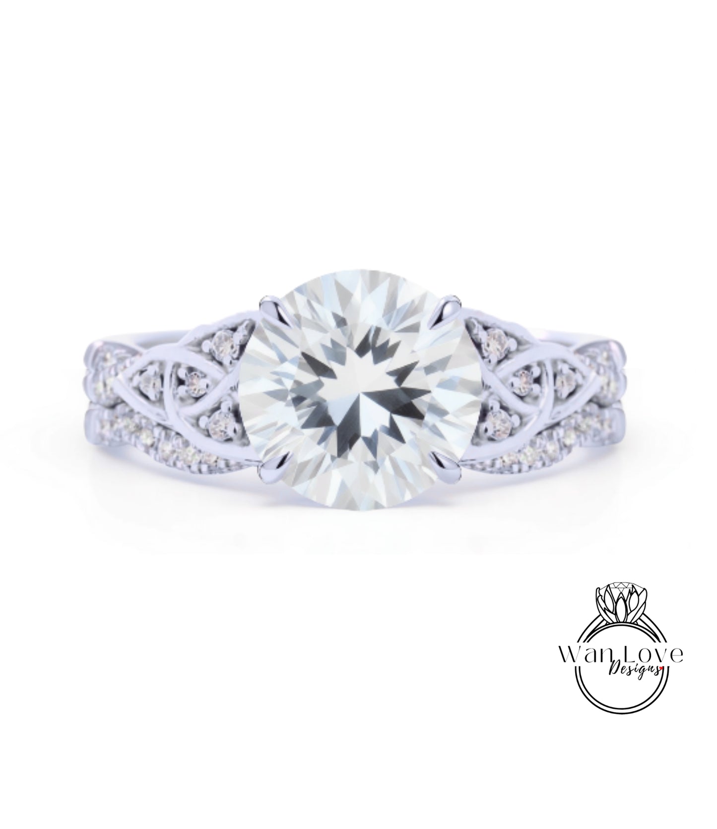 A close-up of a diamond engagement ring with a large, brilliant-cut diamond set in a silver band adorned with smaller diamonds.