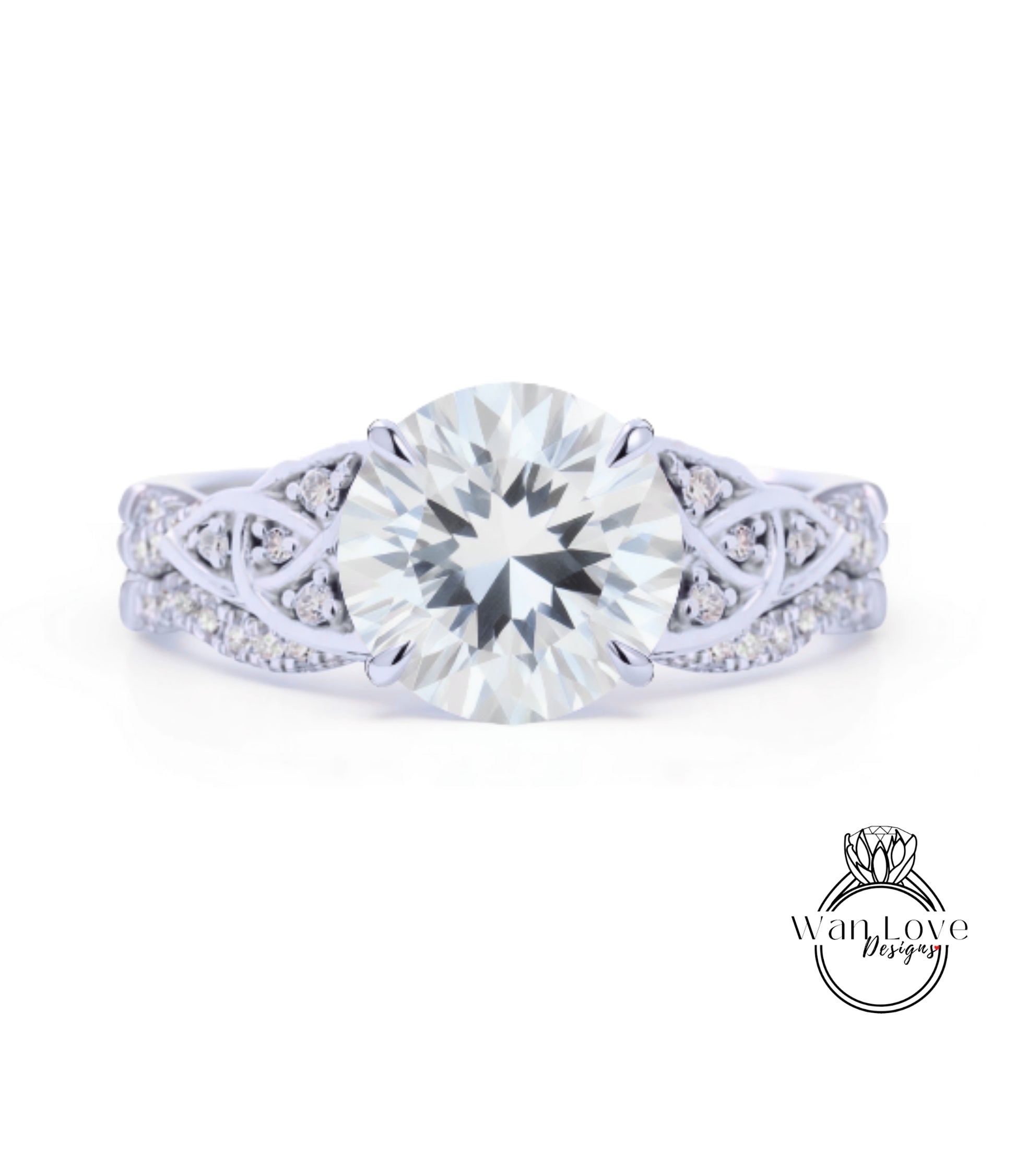 A close-up of a diamond engagement ring with a large, brilliant-cut diamond set in a silver band adorned with smaller diamonds.