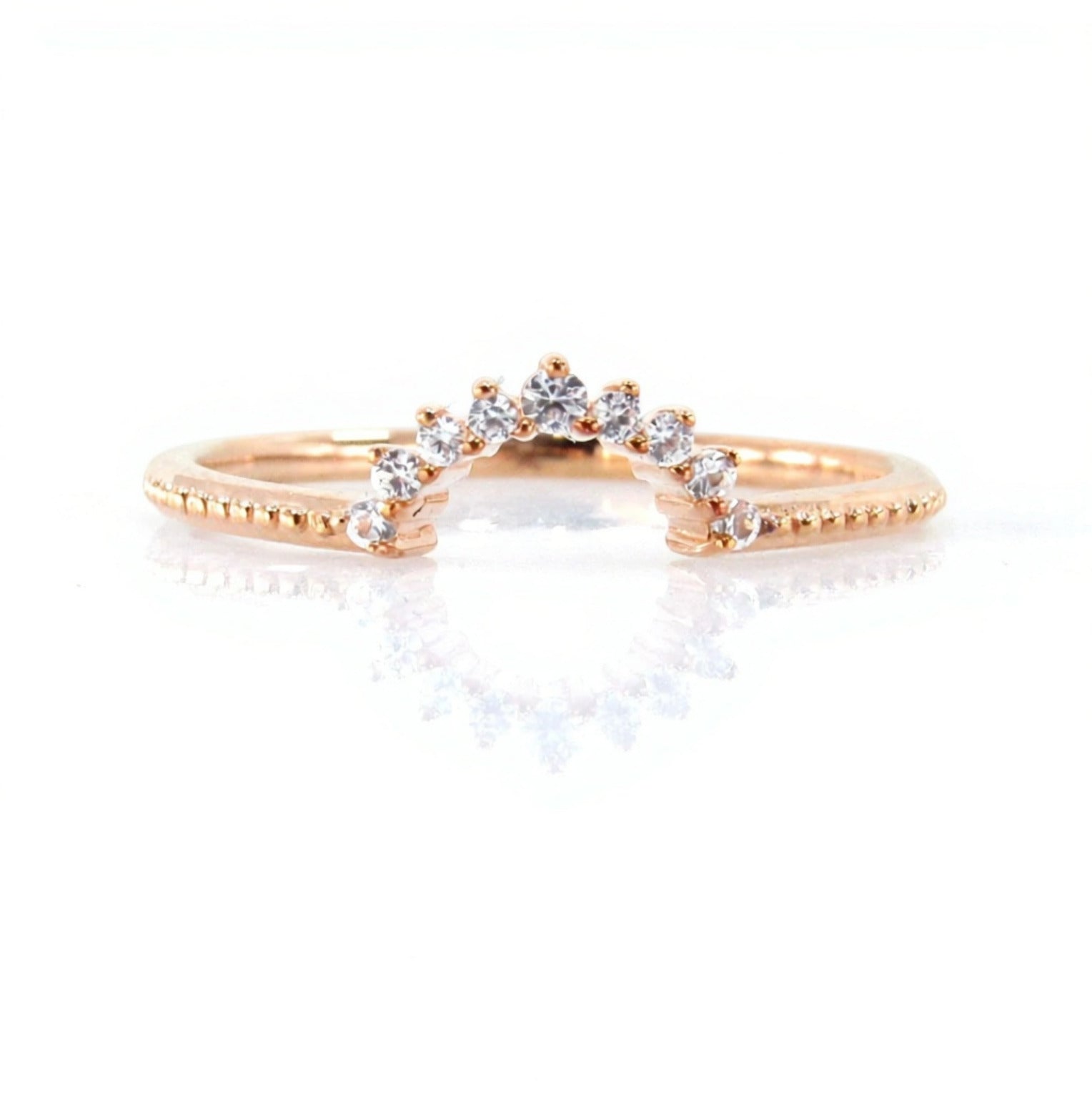 Rose Gold White Sapphire band Curved milgrain wedding band Filigree Milgrain Half Eternity Wedding Band Ring Anniversary her wedding jewelry Wan Love Designs