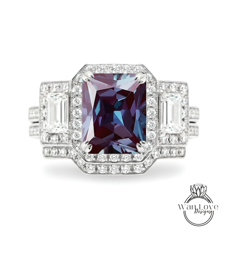 A stunning engagement ring with a large, deep purple gemstone surrounded by smaller diamonds.