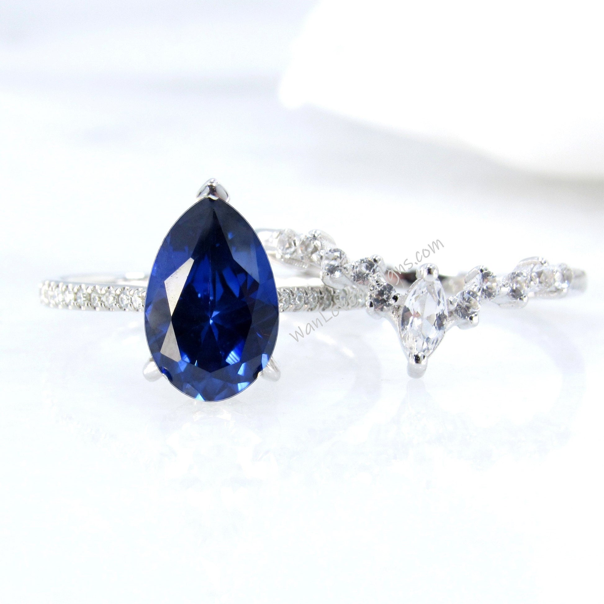 2PCS Blue Sapphire engagement ring white gold Pear shaped Unique Cluster vintage ring vintage Marquise curved wedding band Promise gift Wan Love Designs