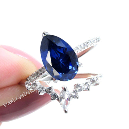 2PCS Blue Sapphire engagement ring white gold Pear shaped Unique Cluster vintage ring vintage Marquise curved wedding band Promise gift Wan Love Designs