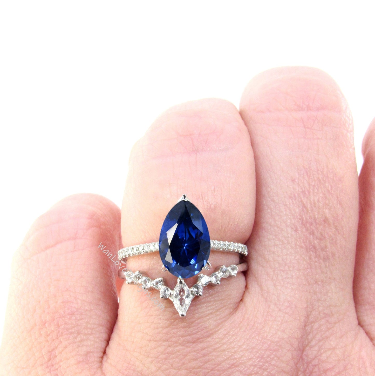 2PCS Blue Sapphire engagement ring white gold Pear shaped Unique Cluster vintage ring vintage Marquise curved wedding band Promise gift Wan Love Designs