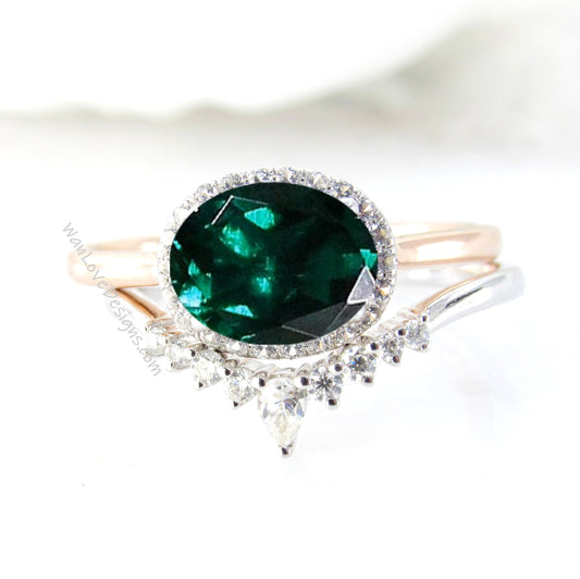 2PCS Emerald Oval shaped East West engagement ring set vintage gold Pear cut Unique Diamond cluster engagement ring women Bridal gift Wan Love Designs