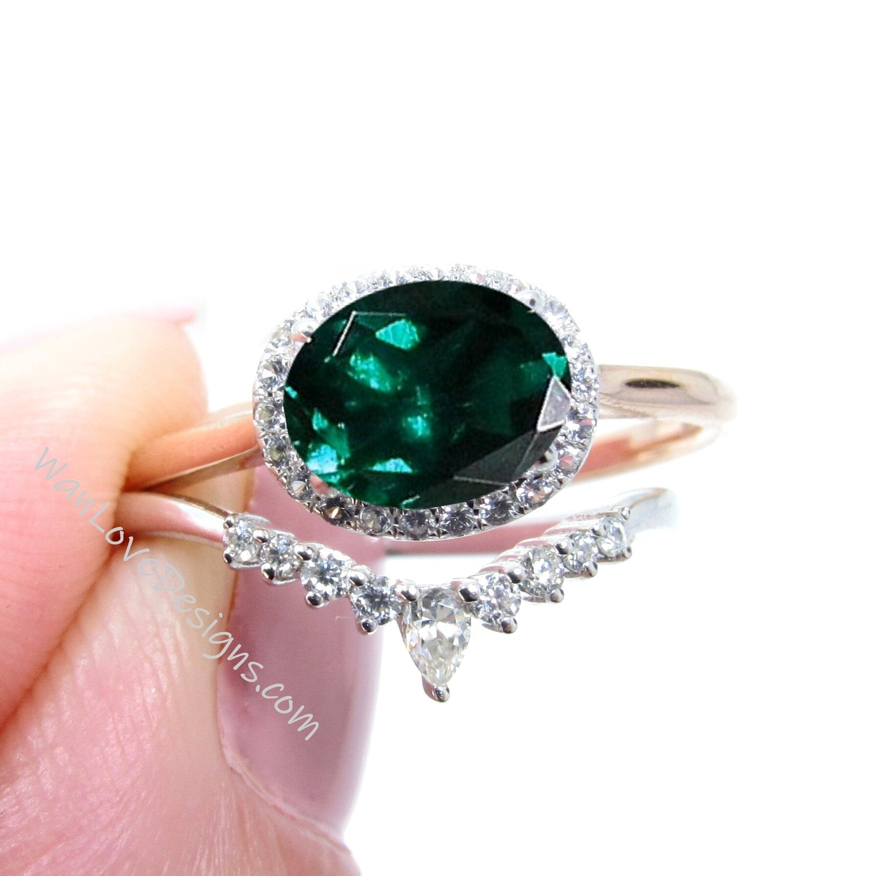 2PCS Emerald Oval shaped East West engagement ring set vintage gold Pear cut Unique Diamond cluster engagement ring women Bridal gift Wan Love Designs