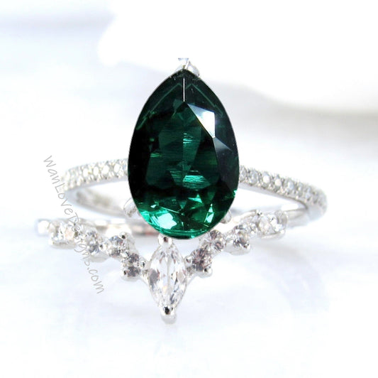 2PCS Emerald engagement ring white gold Pear shaped Unique Cluster vintage ring vintage Marquise curved wedding band Promise gift Wan Love Designs