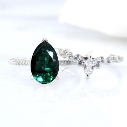 2PCS Emerald engagement ring white gold Pear shaped Unique Cluster vintage ring vintage Marquise curved wedding band Promise gift Wan Love Designs