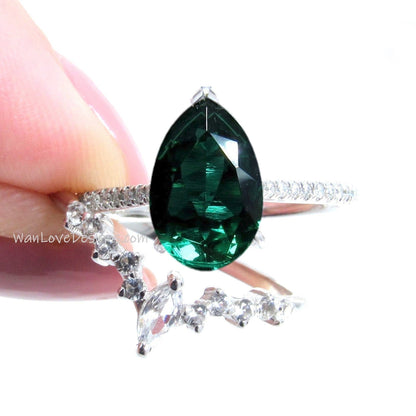 2PCS Emerald engagement ring white gold Pear shaped Unique Cluster vintage ring vintage Marquise curved wedding band Promise gift Wan Love Designs