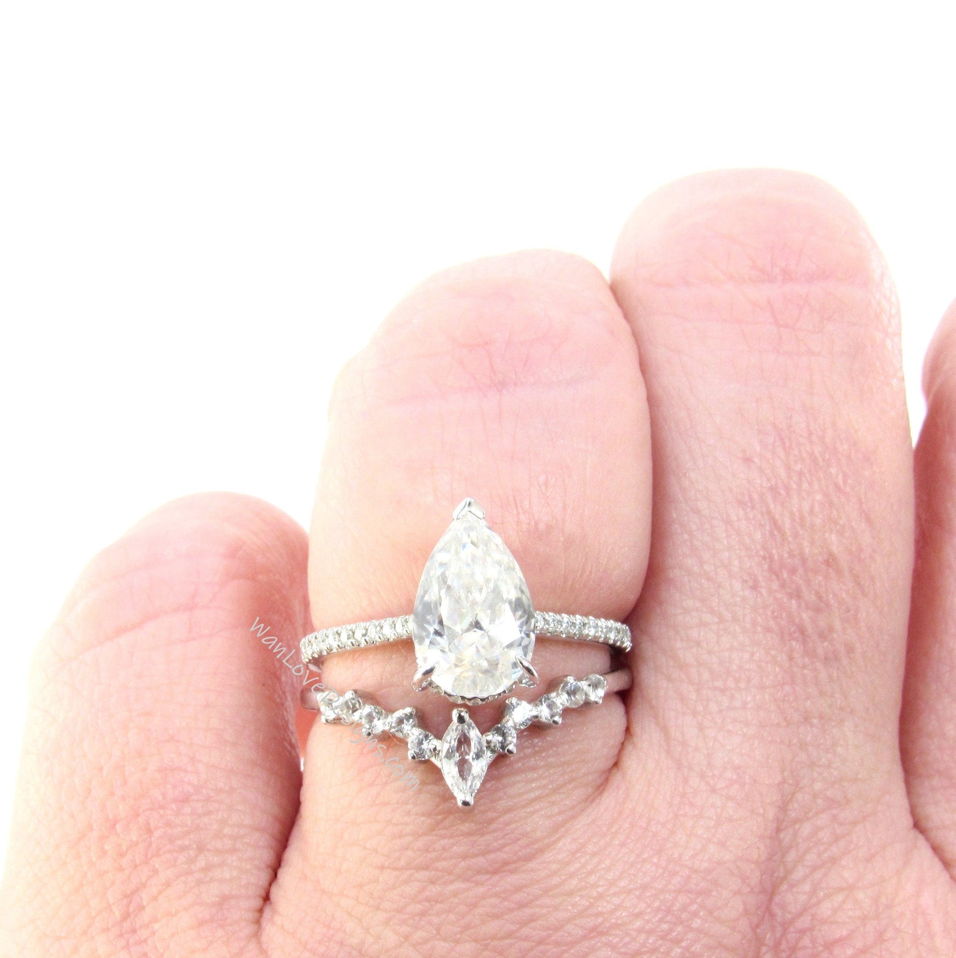 2PCS Moissanite engagement ring white gold Pear shaped Unique Cluster vintage ring vintage Marquise curved nesting wedding band Promise gift Wan Love Designs