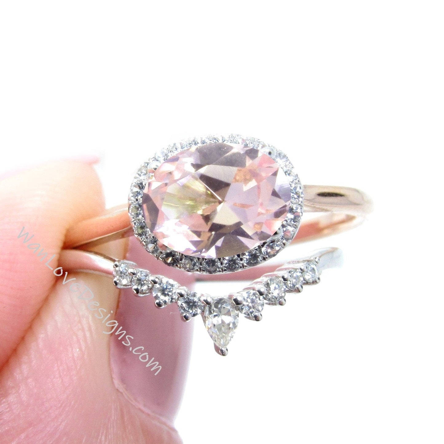 2PCS Oval shape Peach Sapphire East West engagement ring set vintage gold Pear cut Unique Diamond cluster engagement ring women Bridal gift Wan Love Designs