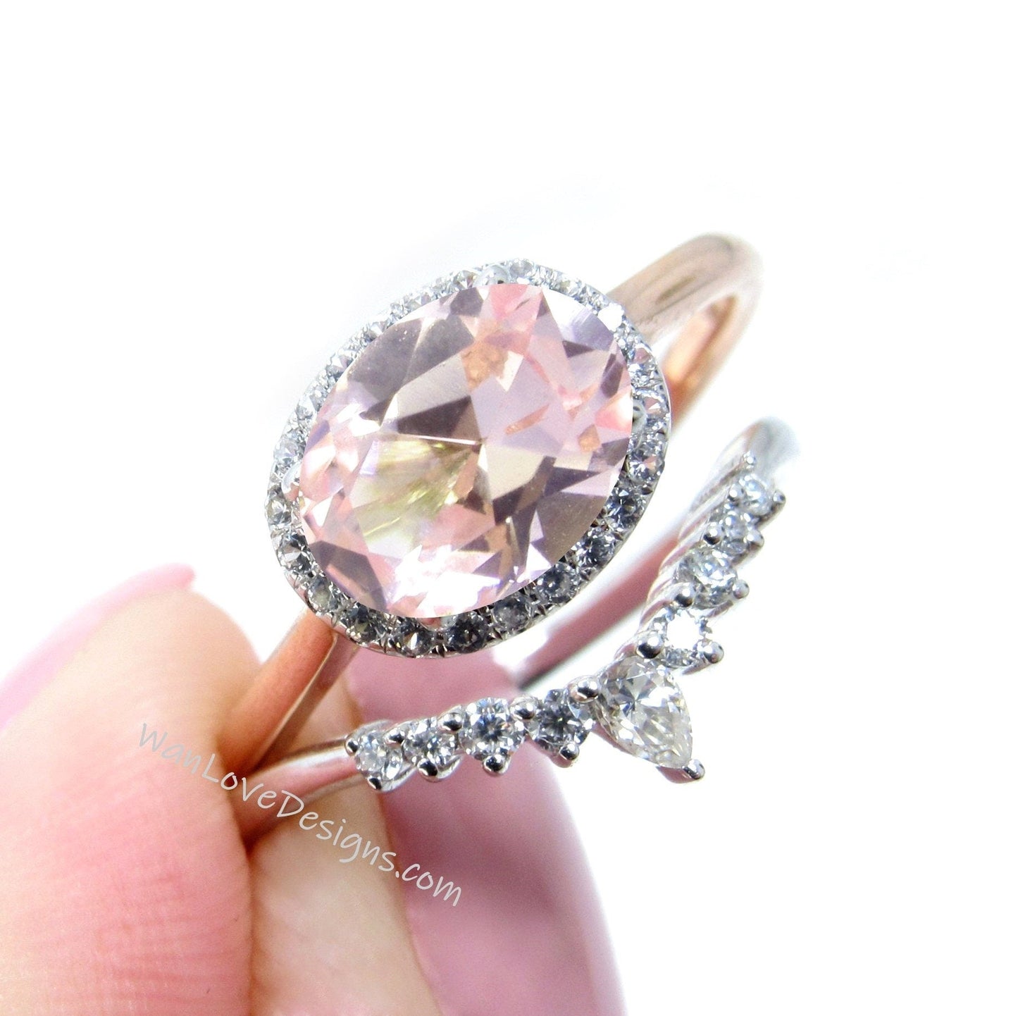 2PCS Oval shape Peach Sapphire East West engagement ring set vintage gold Pear cut Unique Diamond cluster engagement ring women Bridal gift Wan Love Designs