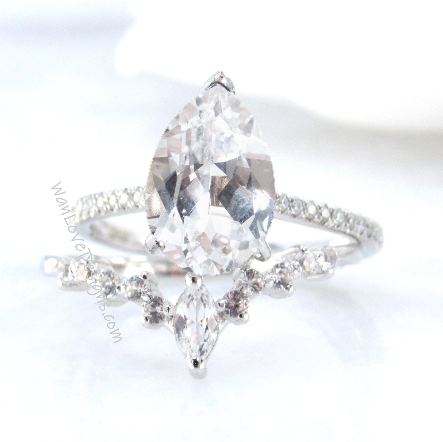 2PCS White Sapphire engagement ring white gold Pear shaped Unique Cluster vintage ring vintage Marquise curved wedding band Promise gift Wan Love Designs