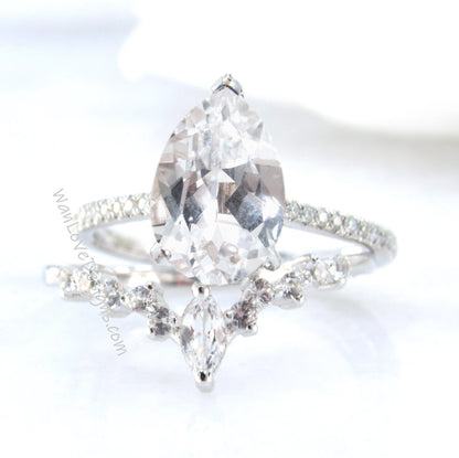 2PCS White Sapphire engagement ring white gold Pear shaped Unique Cluster vintage ring vintage Marquise curved wedding band Promise gift Wan Love Designs