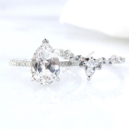 2PCS White Sapphire engagement ring white gold Pear shaped Unique Cluster vintage ring vintage Marquise curved wedding band Promise gift Wan Love Designs