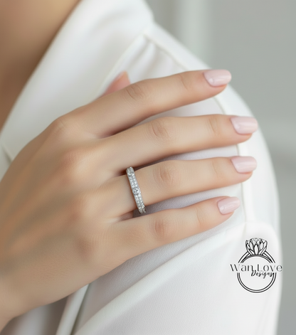 Fede nuziale Moissanite vintage Solido Oro bianco Quasi Eternità Fascia abbinata unica lunetta a 2 file Anello da sposa impilabile Promessa Anniversario