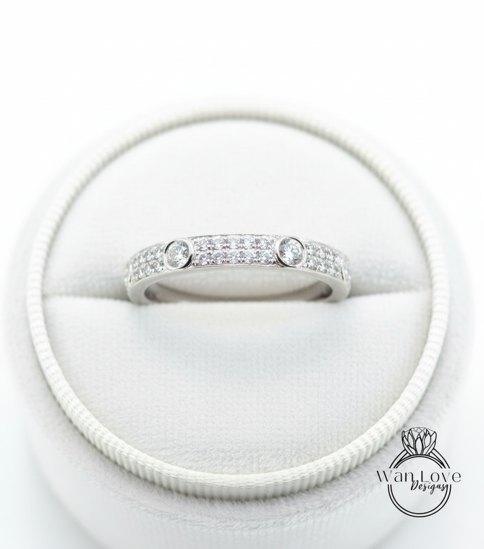 Fede nuziale Moissanite vintage Solido Oro bianco Quasi Eternità Fascia abbinata unica lunetta a 2 file Anello da sposa impilabile Promessa Anniversario