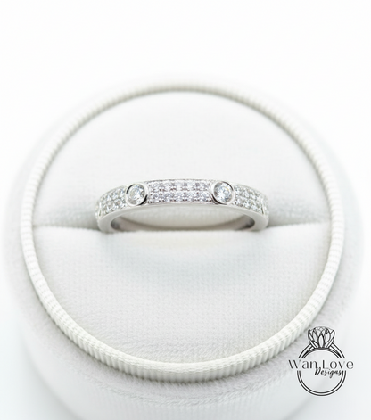 Fede nuziale Moissanite vintage Solido Oro bianco Quasi Eternità Fascia abbinata unica lunetta a 2 file Anello da sposa impilabile Promessa Anniversario