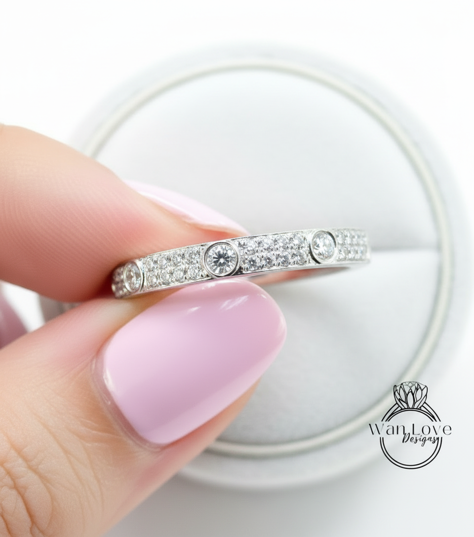 Fede nuziale Moissanite vintage Solido Oro bianco Quasi Eternità Fascia abbinata unica lunetta a 2 file Anello da sposa impilabile Promessa Anniversario