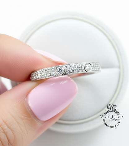 Fede nuziale Moissanite vintage Solido Oro bianco Quasi Eternità Fascia abbinata unica lunetta a 2 file Anello da sposa impilabile Promessa Anniversario