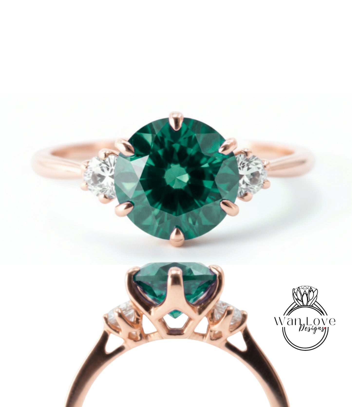 a rose gold ring with a large oval-shaped green gemstone set in the center, surrounded by smaller diamonds.
