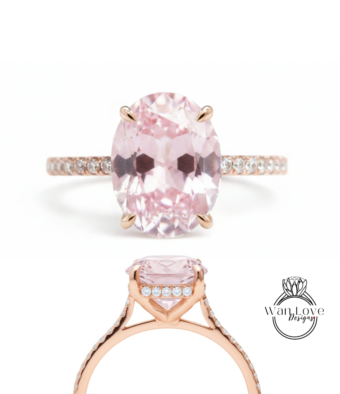 A beautiful pink gemstone engagement ring with a gold band and small diamonds.