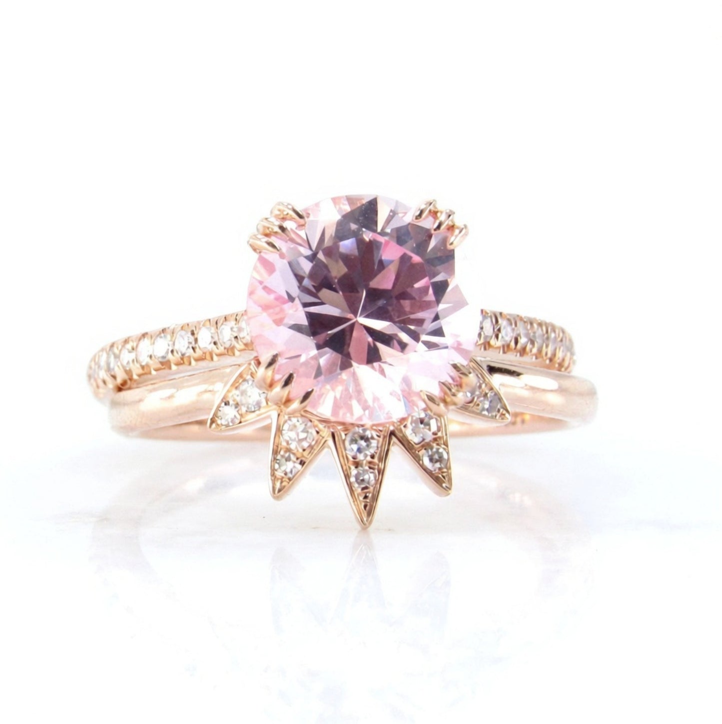 Ready Ship Vintage Peach Sapphire diamond engagement ring set round shaped rose gold diamond wedding ring Unique curved star band bridal set Wan Love Designs