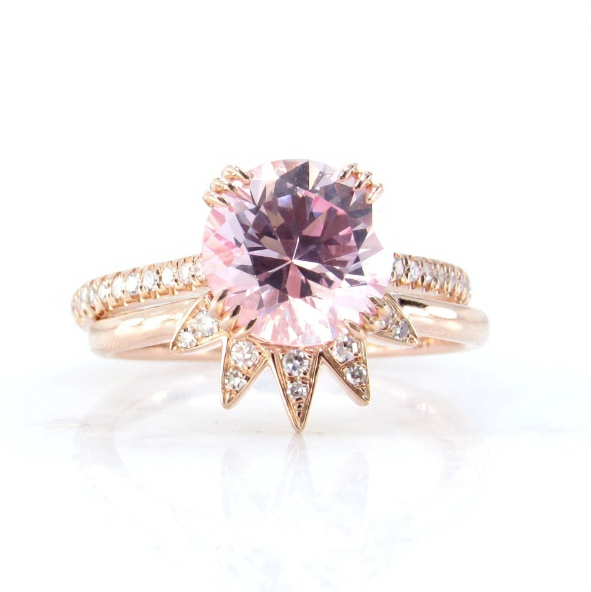 Ready Ship Vintage Peach Sapphire diamond engagement ring set round shaped rose gold diamond wedding ring Unique curved star band bridal set Wan Love Designs