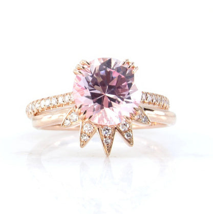 Ready Ship Vintage Peach Sapphire diamond engagement ring set round shaped rose gold diamond wedding ring Unique curved star band bridal set Wan Love Designs