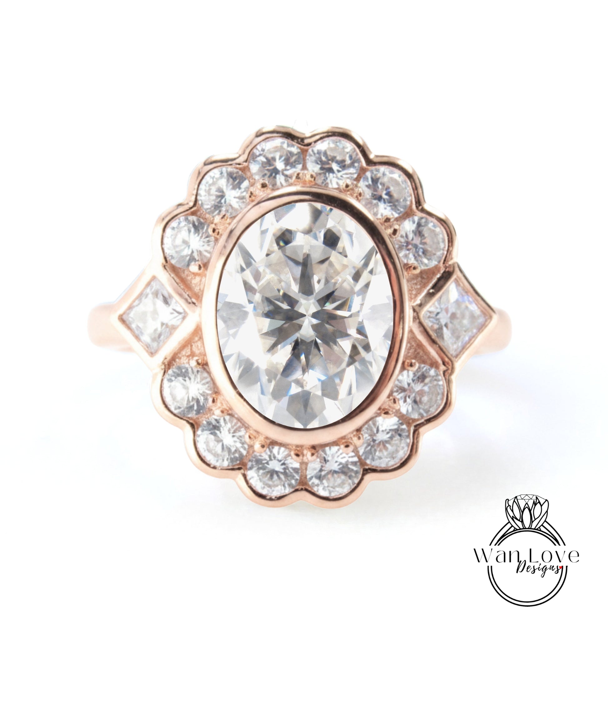 A rose gold ring with a large oval-shaped diamond at the center, surrounded by smaller diamonds.