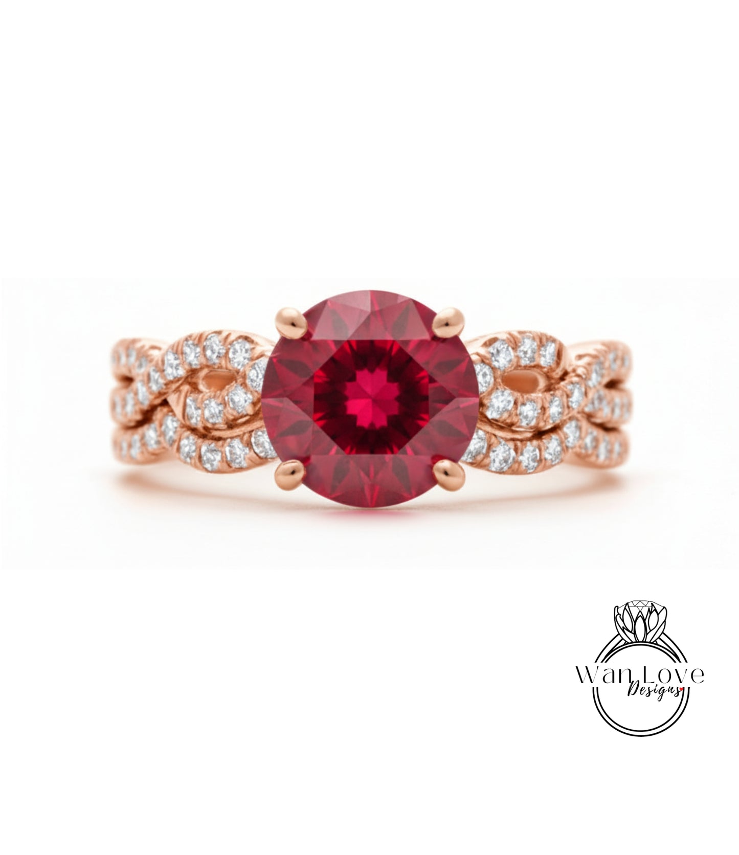 A beautiful engagement ring with a large, deep red gemstone surrounded by a delicate, intricate design of small diamonds set in a rose gold band.