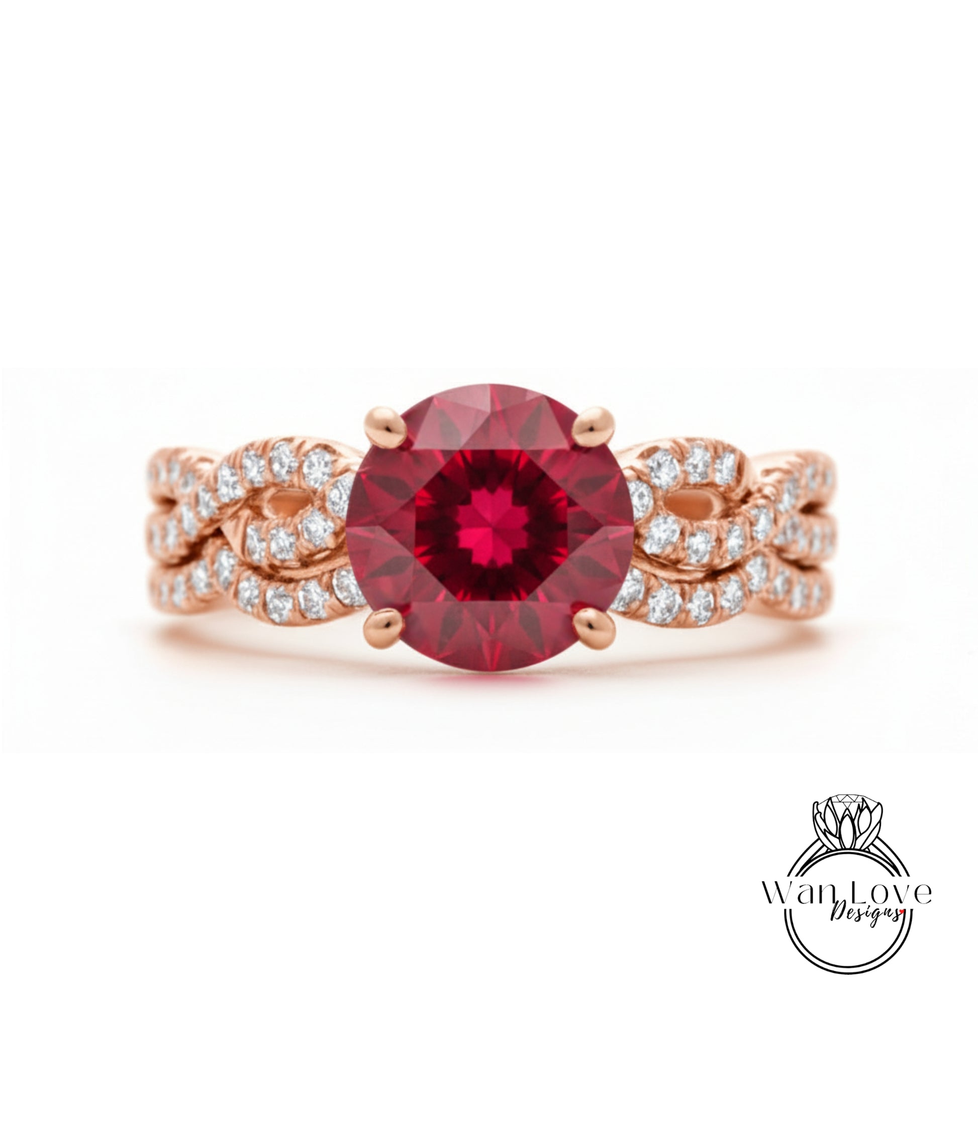 A beautiful engagement ring with a large, deep red gemstone surrounded by a delicate, intricate design of small diamonds set in a rose gold band.