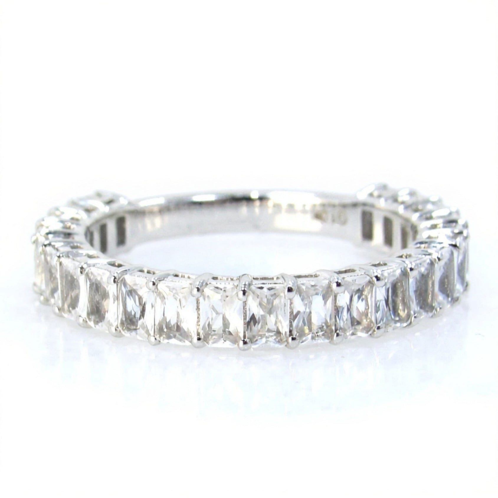 White Sapphire Emerald Radiant cut wedding Band 3/4 Almost Eternity Ring Art Deco Baguette White gold Anniversary promise ring Ready to Ship