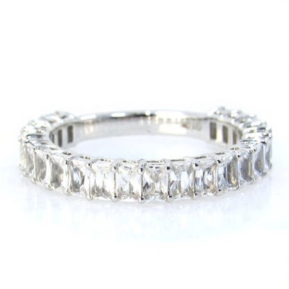 White Sapphire Emerald Radiant cut wedding Band 3/4 Almost Eternity Ring Art Deco Baguette White gold Anniversary promise ring Ready to Ship