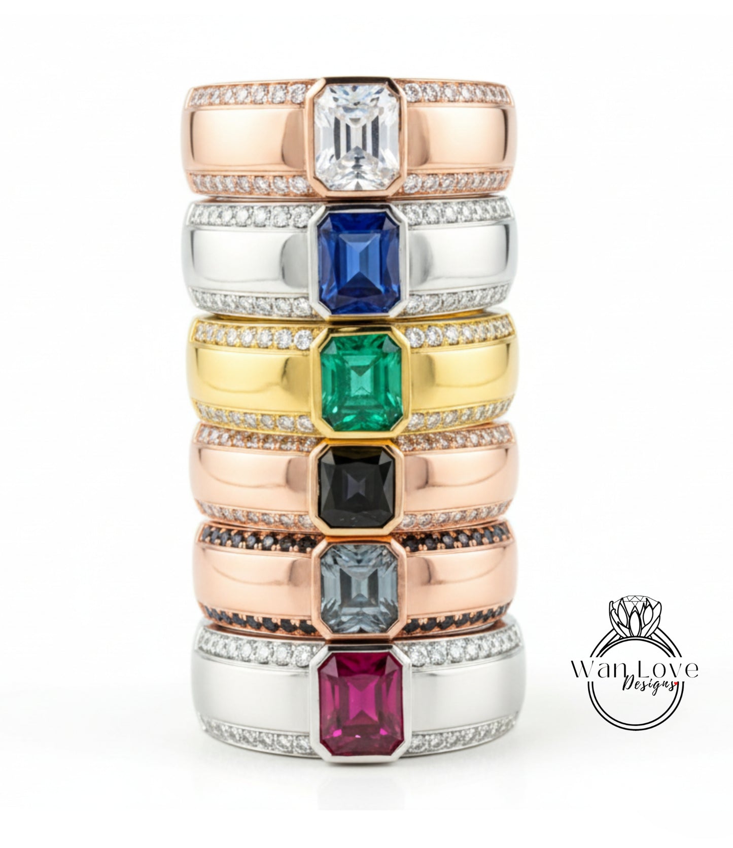 A stack of rings with various gemstones on them, including diamonds and colored gemstones.