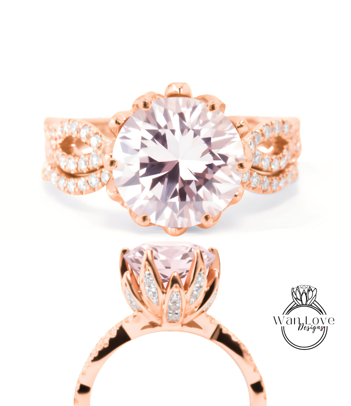 a beautiful pink gemstone ring with a large central gemstone surrounded by smaller diamonds. The ring is designed with a delicate floral motif and has a rose gold band.