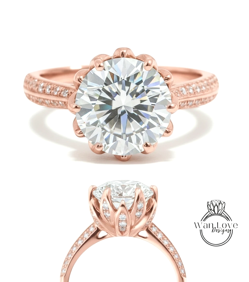 a beautiful rose gold engagement ring with a large, brilliant-cut diamond set in the center. The ring has a scalloped band and is adorned with small diamonds around the band.