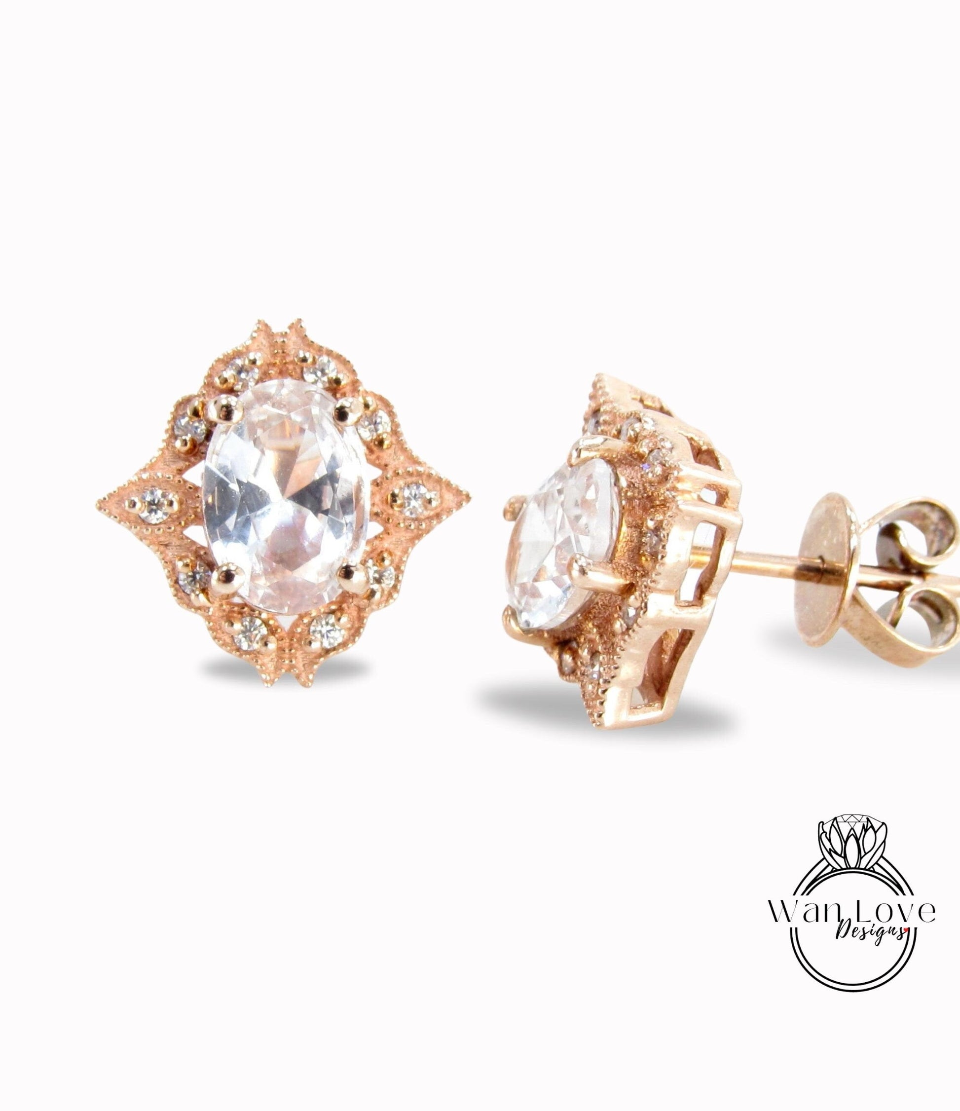 2ct 14kt Rose Gold Moissanite Diamonds Oval Floral Halo Milgrain Stud Earrings, Birthstone Earrings, Wedding Jewelry Studs, Gifts for her Wan Love Designs