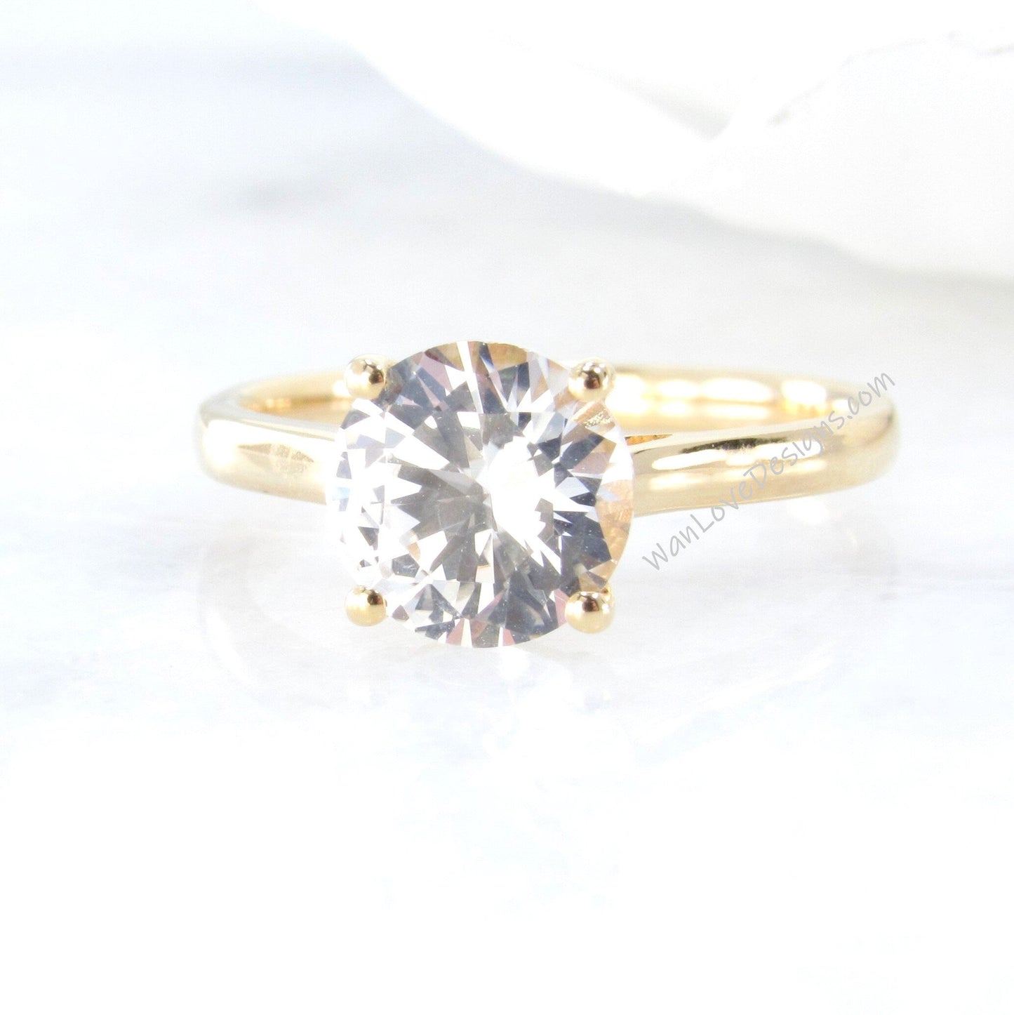 2ct 8mm 14kt Yellow Gold Round White Sapphire Four-Prong Engagement Ring, White Sapphire Round Solitaire Ring, Ready to Ship Gold Ring Wan Love Designs
