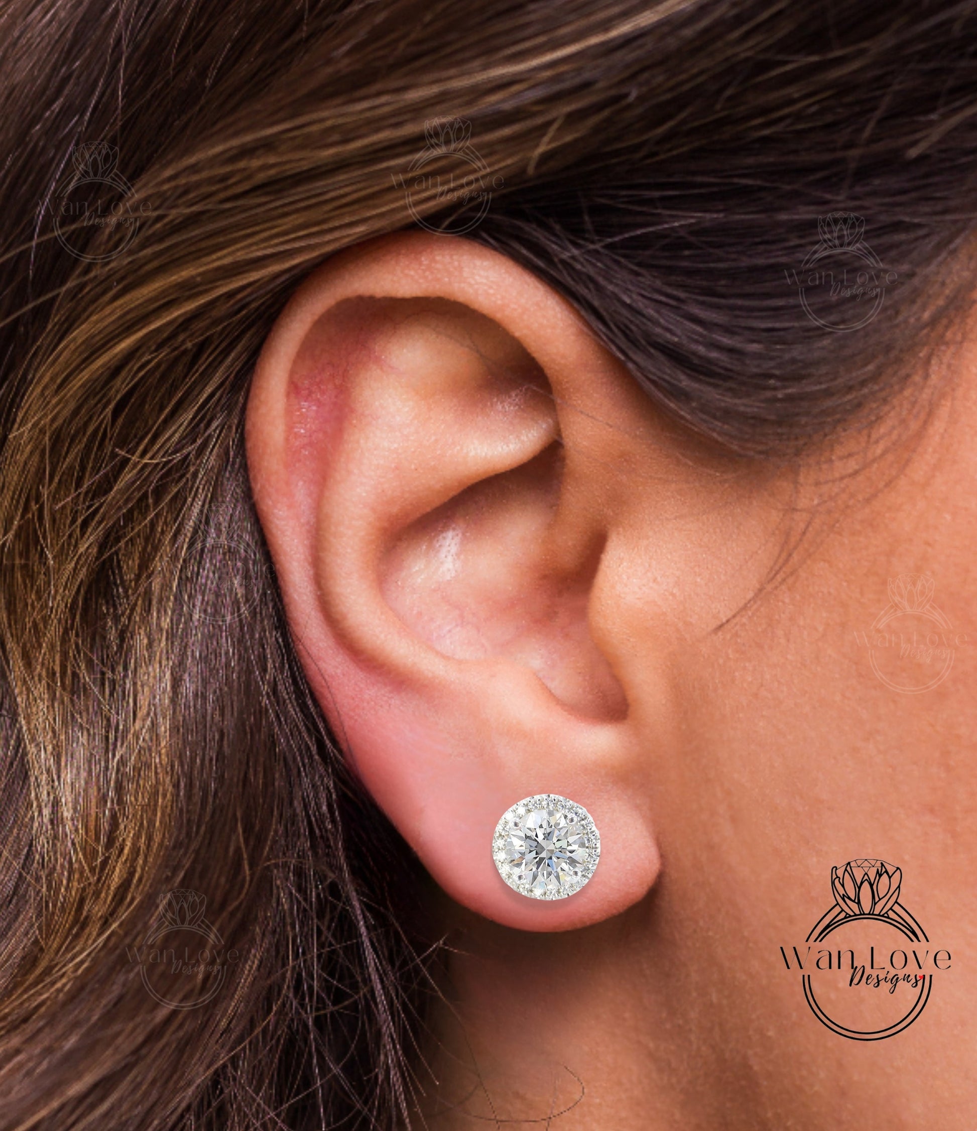 2ct Diamond Halo Earrings • Geometric Round Halo Earrings • Circle Moissanite Diamond Halo Stud Earrings • Bridal Jewelry Wan Love Designs