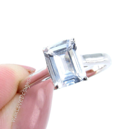 2ct Emerald Cut White Sapphire Solitaire Ring Cathedral 4 prong White Sapphire Engagement Ring Bridal Promise Ring, Ready to ship Ring Wan Love Designs