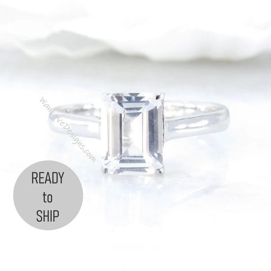 2ct Emerald Cut White Sapphire Solitaire Ring Cathedral 4 prong White Sapphire Engagement Ring Bridal Promise Ring, Ready to ship Ring Wan Love Designs