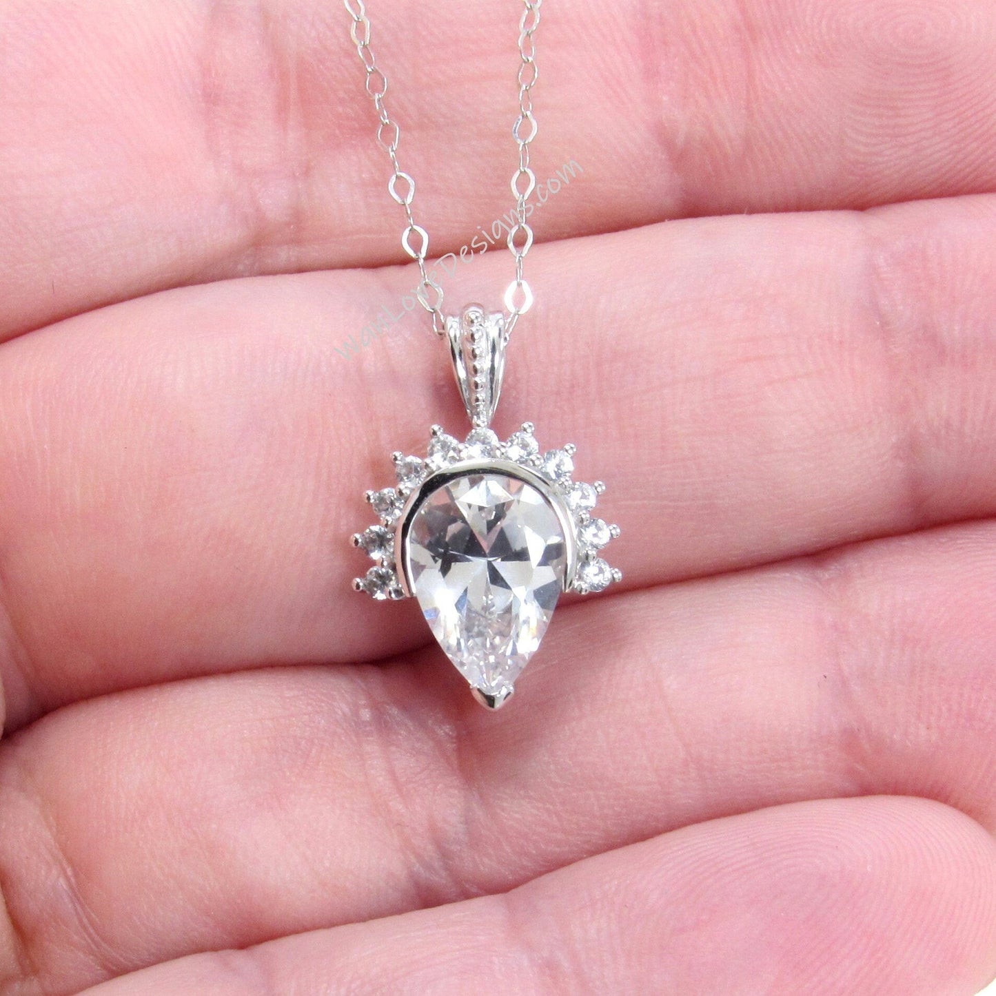2ct Half Halo Pear Necklace - White Gold Pear Necklace Charm - Vintage style Necklace - White Gold Chain - Wedding Jewelry - Ready to Ship Wan Love Designs