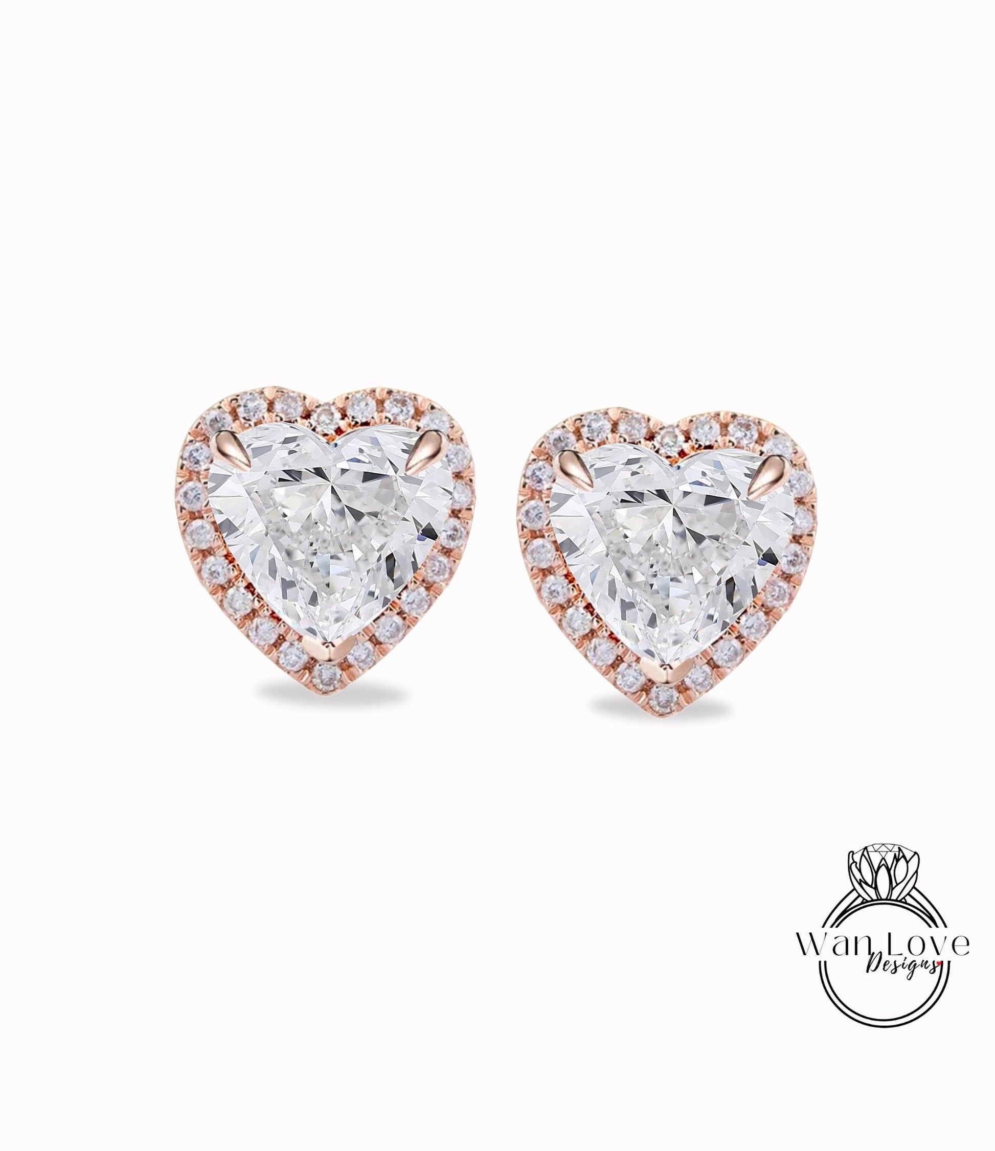 2ct Heart Diamond Halo Earrings, Moissanite Heart Earrings, Birthstone Heart Stud Earrings, 14k 18k Gold Earrings, Gift for Her Wan Love Designs